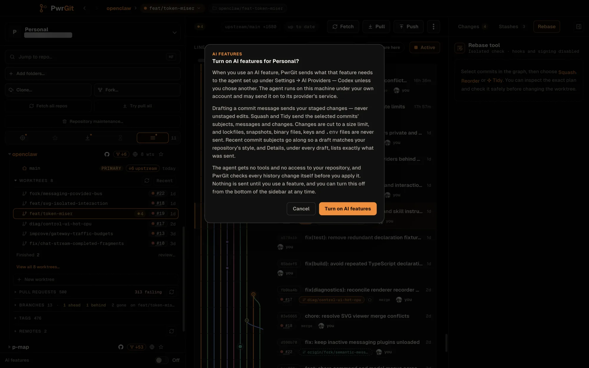 The Turn on AI features for Personal? dialog over the main window. It says a feature sends what it needs to the agent set up under Settings → AI Providers, Codex unless you chose another; lockfiles, binary files, keys and .env files are never sent; the agent gets no tools and no access to the repository; nothing is sent until you use a feature. Cancel and Turn on AI features buttons.