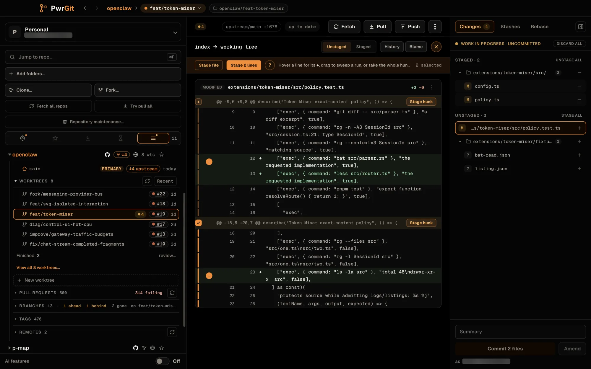 The diff pane for extensions/token-miser/src/policy.test.ts on the Unstaged side, index to working tree. The bar reads Stage file, Stage 2 lines and 2 selected. In the first hunk one of two added lines, line 12, is ticked and the rail is dim; the second hunk's only added line, 23, is ticked, its chip checked and its rail solid.