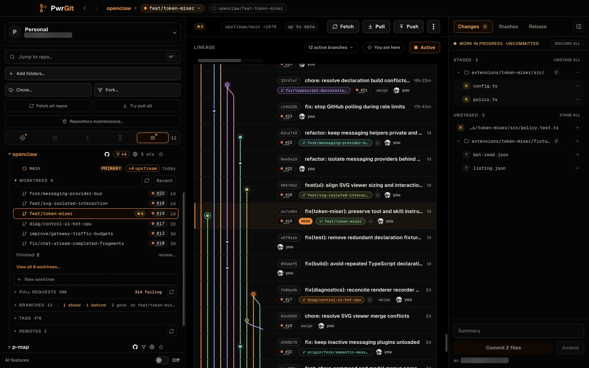 The openclaw window with feat/token-miser selected, 4 changes, PR #19. The Changes rail reads Work in progress · uncommitted with Discard all. Staged · 2 lists config.ts and policy.ts; Unstaged · 3 lists policy.test.ts, modified, and two untracked fixtures, bat-read.json and listing.json. Below: Summary, Commit 2 files, Amend, and the commit email, blurred.