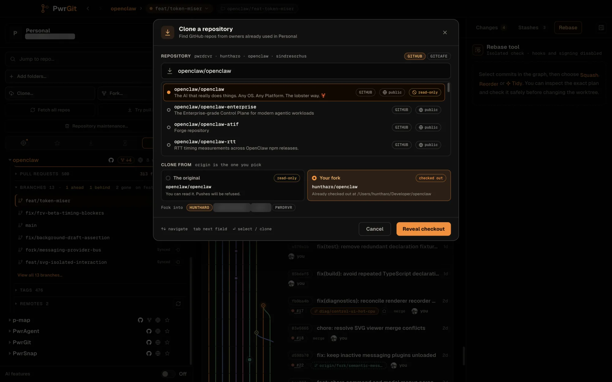 The Clone a repository dialog for openclaw/openclaw. Clone from offers The original, tagged read-only — pushes will be refused — and Your fork, huntharo/openclaw, selected and tagged checked out: already checked out at /Users/huntharo/Developer/openclaw. The button reads Reveal checkout.