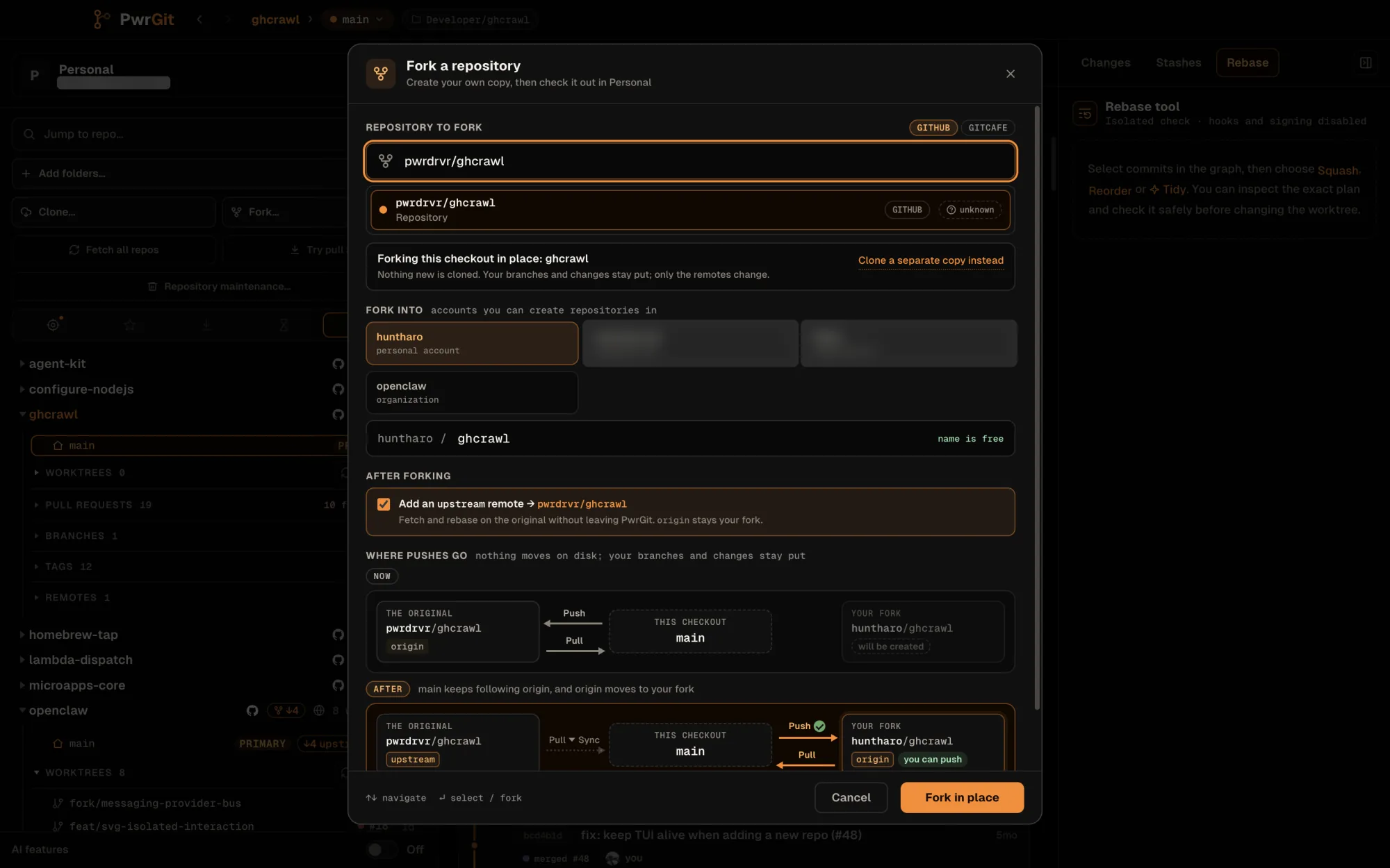 The Fork a repository dialog for pwrdrvr/ghcrawl, forking the existing checkout in place: nothing new is cloned. Fork into has the huntharo personal account selected and two organization cards blurred; huntharo/ghcrawl is free. Add an upstream remote is ticked. Where pushes go shows Now and After route strips, and the button reads Fork in place.