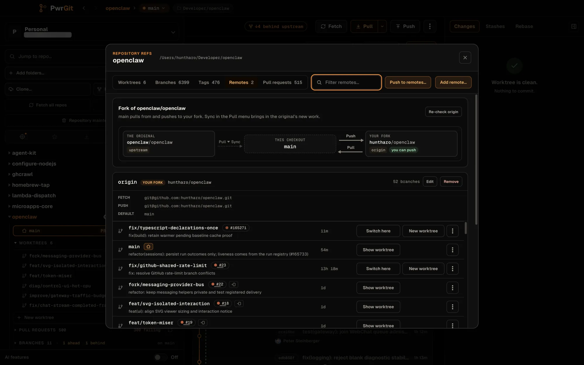 The Repository refs window for openclaw on its Remotes tab. The fork card reads Fork of openclaw/openclaw — main pulls from and pushes to your fork, with a route from the original through Sync to main, and push and pull between main and huntharo/openclaw. The origin card shows your fork, 52 branches, its SSH URL and default main.