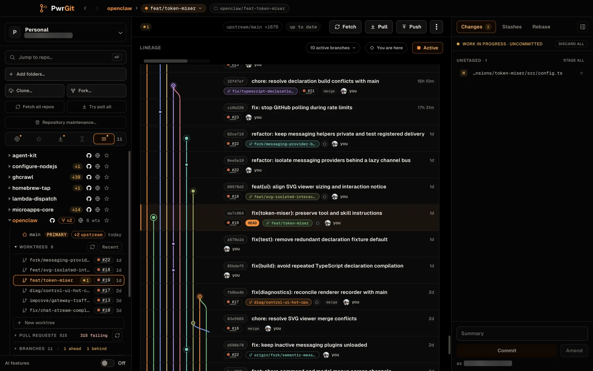 The full PwrGit window. The sidebar, in the All lens, has openclaw expanded: a fork badge 2 behind upstream, main marked primary, and six worktrees with pull request chips, feat/token-miser selected with 1 uncommitted change. The lineage graph shows the fork's branches with PR chips and author avatars. The rail lists one unstaged file, extensions/token-miser/src/config.ts.