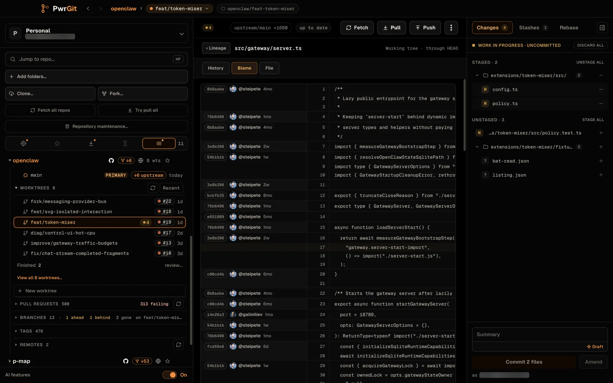 File details for src/gateway/server.ts on the Blame tab, reading Working tree · through HEAD, with History and File tabs and a Lineage back button. Each block of lines carries a short hash, an author avatar and login — mostly @steipete, one @galiniliev — and an age from 6 days to 8 months, beside the line numbers and code.
