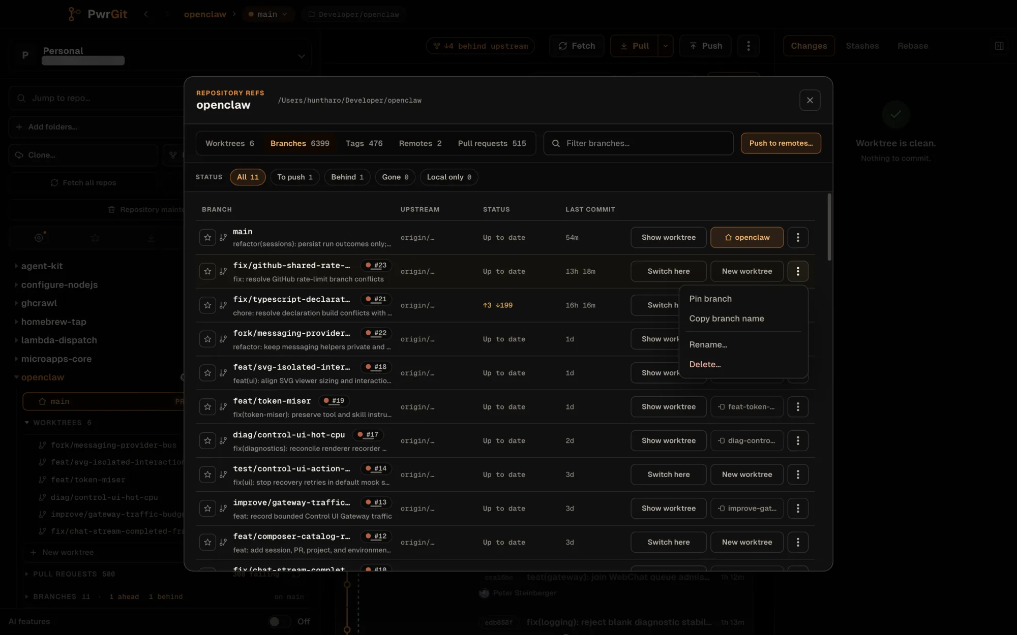 The Repository refs window for openclaw on its Branches tab, filter All 11 (To push 1, Behind 1, Gone 0, Local only 0). Rows show branch, PR chip, last subject, upstream, status and age, with Show worktree, Switch here or New worktree; one branch is 3 ahead, 199 behind. The menu for fix/github-shared-rate-limit is open: Pin branch, Copy branch name, Rename…, Delete….