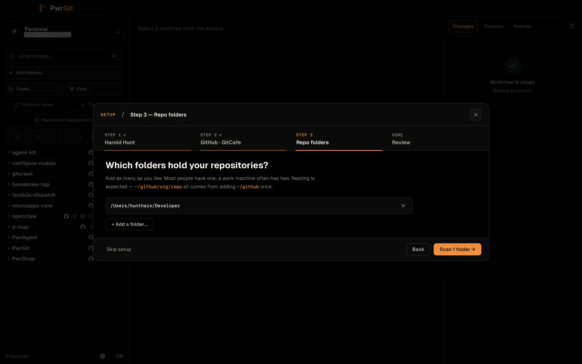 The first-run setup wizard on step 3, Repo folders: Which folders hold your repositories? Steps 1 and 2 are checked, with the author name and GitHub · GitCafe. The list holds /Users/huntharo/Developer with a remove button, then + Add a folder…. Below: Skip setup, Back, and Scan 1 folder.