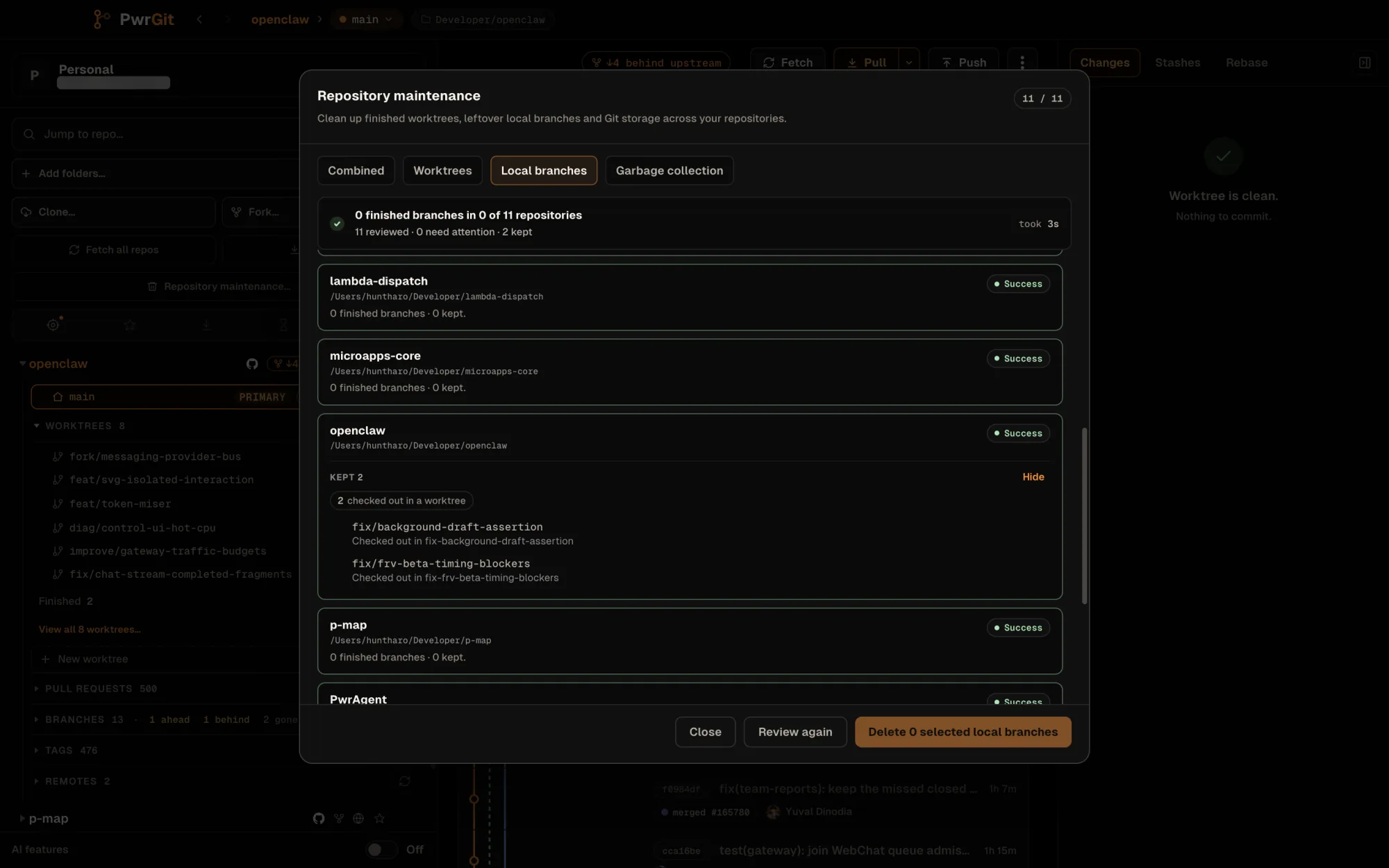 The Repository maintenance dialog on its Local branches tab after a review: 0 finished branches in 0 of 11 repositories, 11 reviewed, 0 need attention, 2 kept. openclaw's Kept 2 lists fix/background-draft-assertion and fix/frv-beta-timing-blockers, each checked out in a worktree. The footer has Close, Review again and Delete 0 selected local branches.