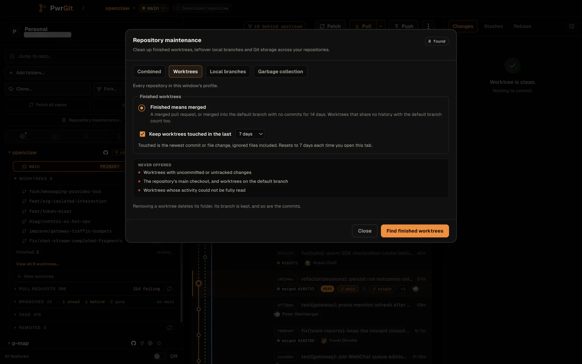 The Repository maintenance dialog on its Worktrees tab, before a search, for every repository in the profile. Finished means merged is selected, Keep worktrees touched in the last 7 days is ticked, and a Never offered list names dirty worktrees, the main checkout and default-branch worktrees, and unreadable ones. Buttons: Close and Find finished worktrees.