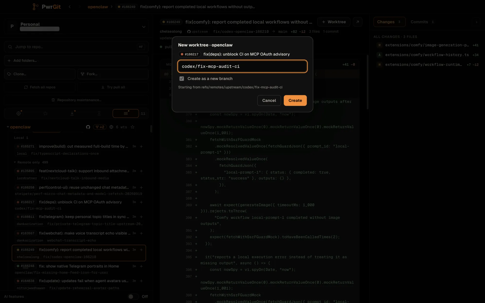 The New worktree · openclaw dialog with #166217, fix(deps): unblock CI on MCP OAuth advisory, under the title. The branch field holds the request's own head branch, codex/fix-mcp-audit-ci, with Create as a new branch ticked and the hint Starting from refs/remotes/upstream/codex/fix-mcp-audit-ci. Cancel and Create buttons.