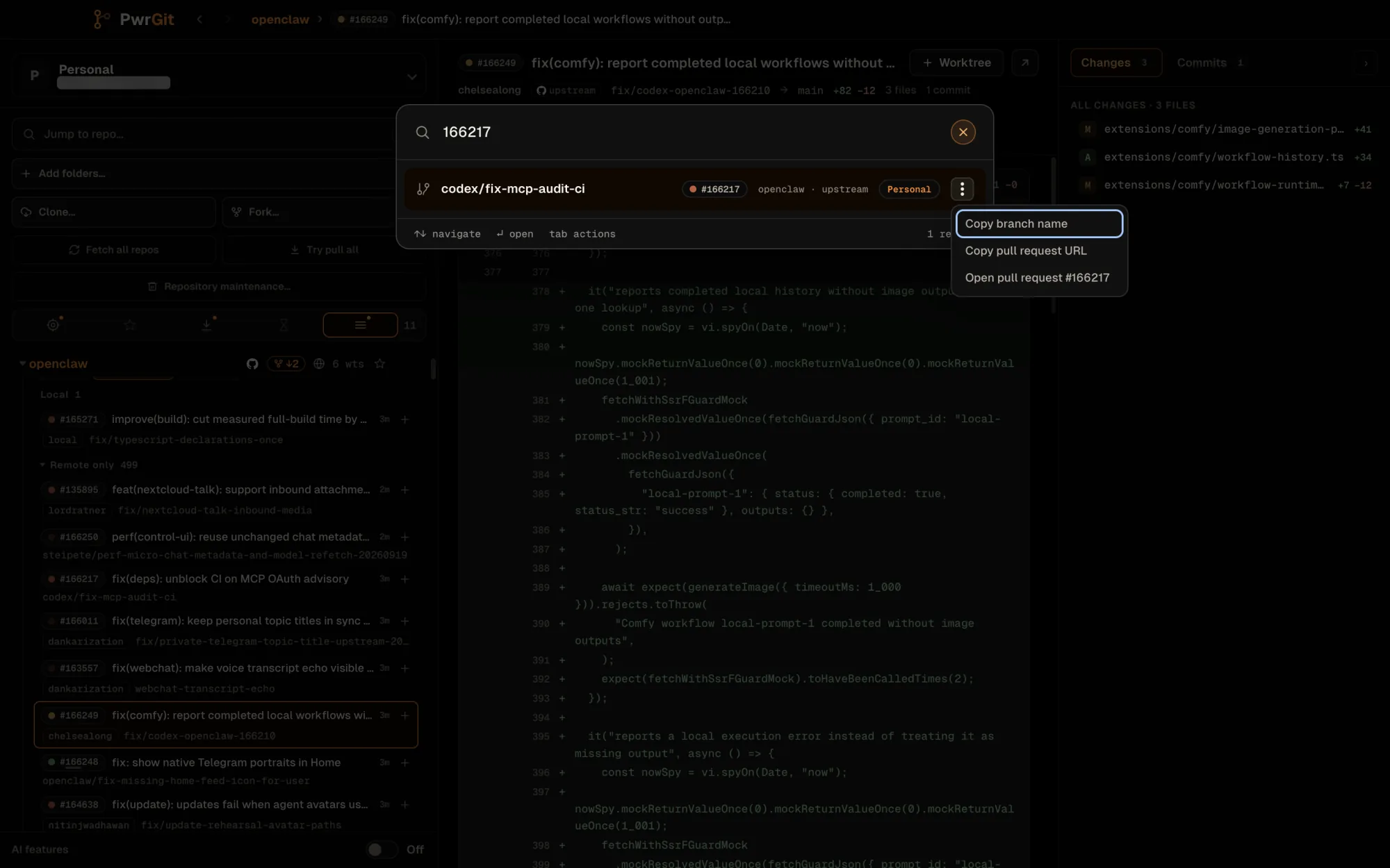 The Command Palette with the query 166217 and one result: the remote branch codex/fix-mcp-audit-ci, carrying the #166217 chip and labelled openclaw · upstream. Its copy-actions menu is open with Copy branch name, Copy pull request URL and Open pull request #166217.