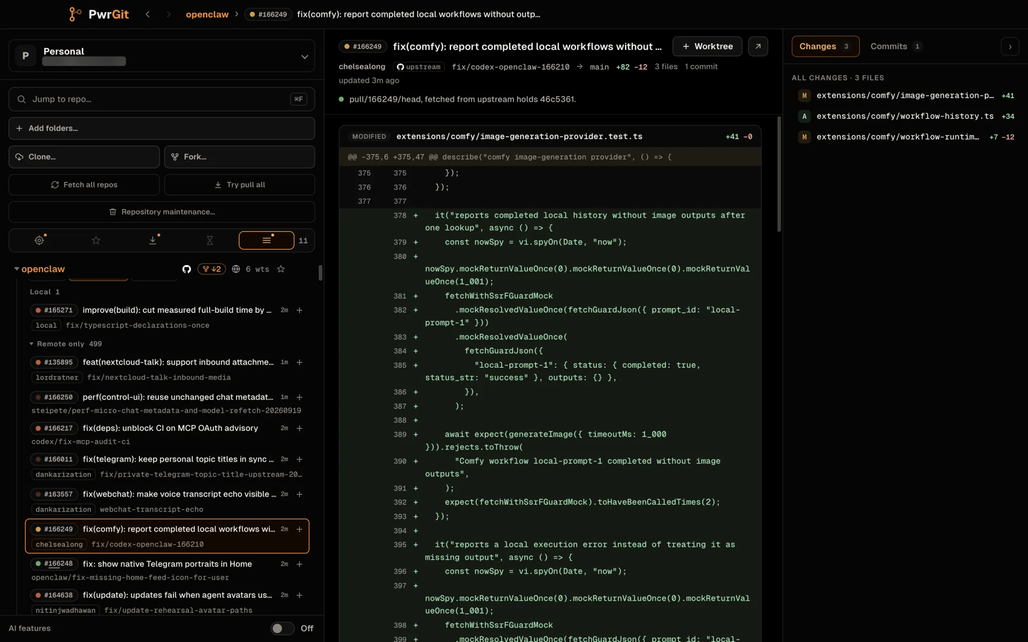 The request view for openclaw #166249, fix(comfy): report completed local workflows without outputs, by chelsealong from upstream, fix/codex-openclaw-166210 into main, 3 files, 1 commit. A line reads pull/166249/head, fetched from upstream holds 46c5361, above the diff. The rail lists the three files. The header has Worktree and open-on-GitHub buttons.