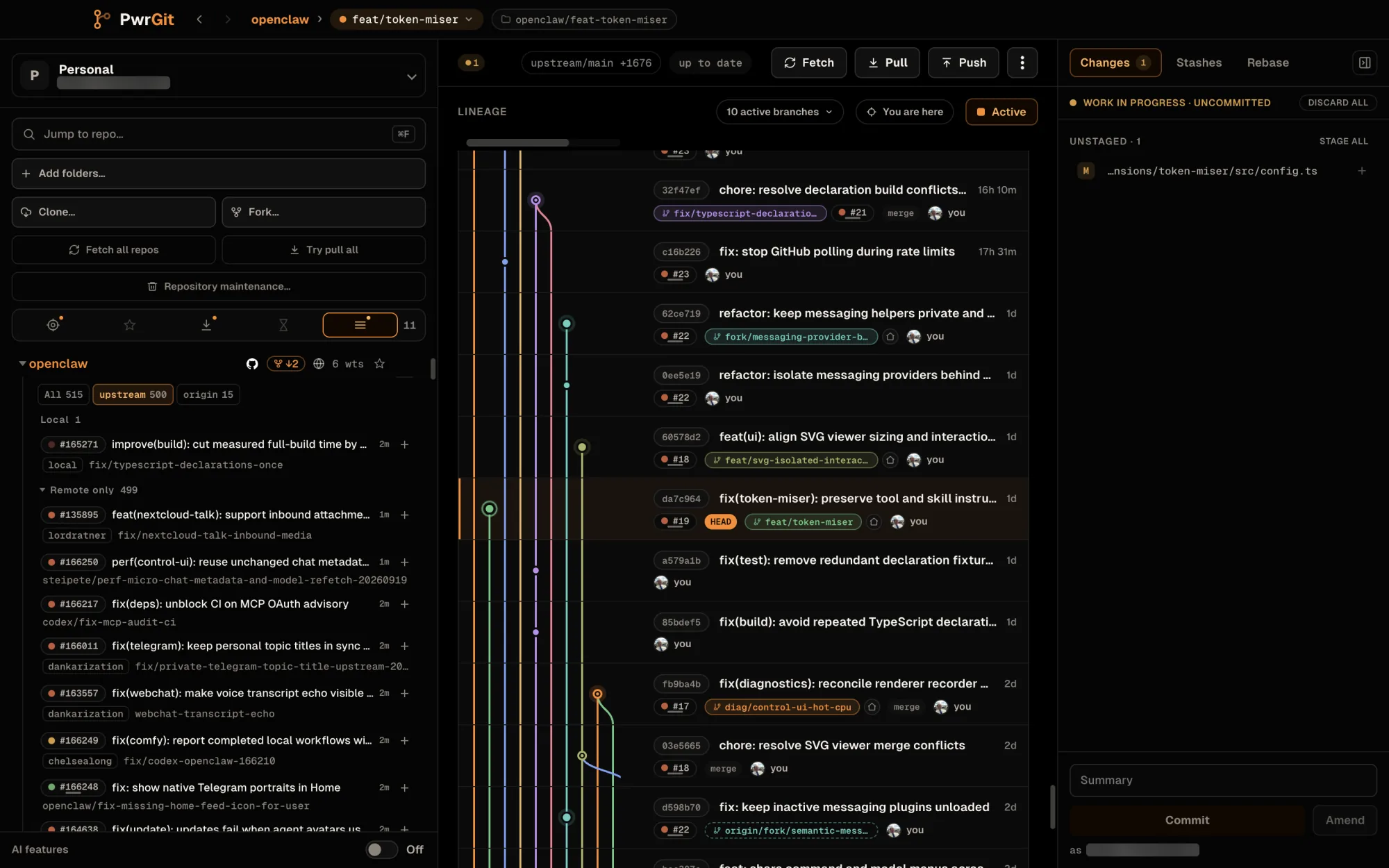 The widened sidebar with openclaw's Pull requests open and the filter on upstream: All 515, upstream 500, origin 15. Local 1 holds #165271, checked out as fix/typescript-declarations-once. Remote only 499 is expanded, listing upstream requests such as #135895, #166250, #166217 and #166011, each with title, author or branch, age and a + button.