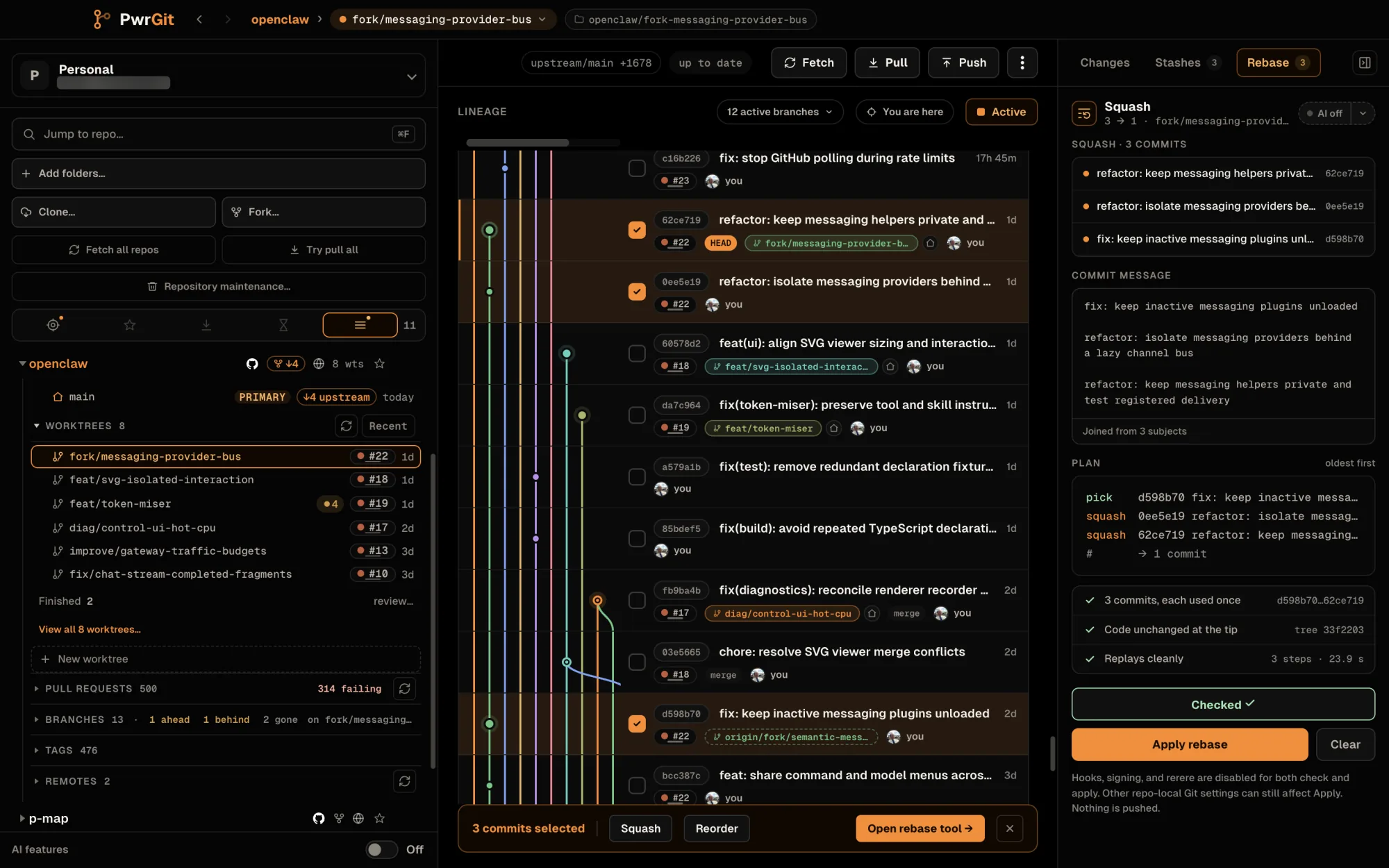 The rebase tool with three commits of fork/messaging-provider-bus ticked and the bar reading 3 commits selected, with Squash, Reorder and Open rebase tool. The rail shows Squash 3 to 1, AI off, a message joined from 3 subjects, and the plan pick d598b70, squash 0ee5e19, squash 62ce719. Every ledger line is ticked and Apply rebase is enabled.