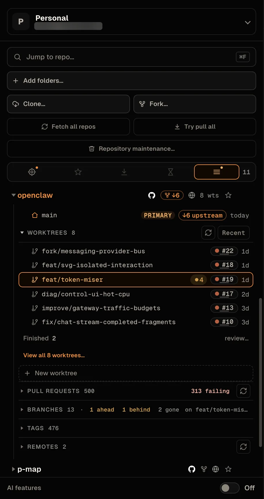 The sidebar in the All lens with openclaw expanded, fork badge 6 behind. In order: main, primary, 6 behind upstream; Worktrees 8, six rows with PR chips and feat/token-miser selected; Finished 2; View all 8 worktrees; New worktree; Pull requests 500, 313 failing; Branches 13 with 1 ahead, 1 behind and 2 gone chips; Tags 476; Remotes 2.