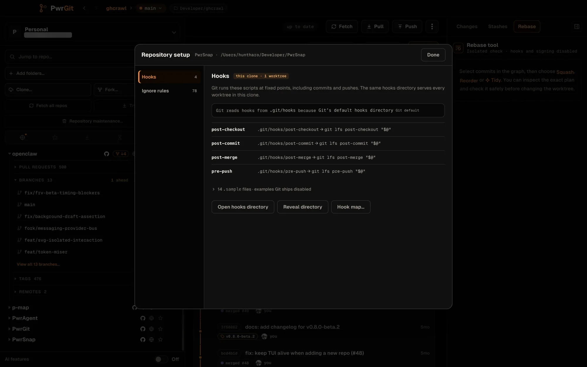 The Repository setup sheet for PwrSnap on its Hooks page, with Hooks 4 and Ignore rules 78 in the nav. Git reads hooks from .git/hooks, Git's default, shared by every worktree in this clone. Four hooks — post-checkout, post-commit, post-merge and pre-push — each call git lfs. 14 sample files are collapsed. Buttons: Open hooks directory, Reveal directory, Hook map.
