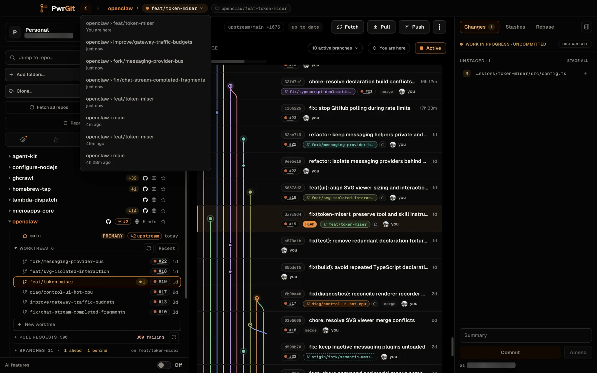 The History menu, opened by right-clicking the Back chevron. The current entry, openclaw feat/token-miser, is marked You are here. Below it: improve/gateway-traffic-budgets, fork/messaging-provider-bus, fix/chat-stream-completed-fragments, main, feat/token-miser and main again, each with how long ago it was left.