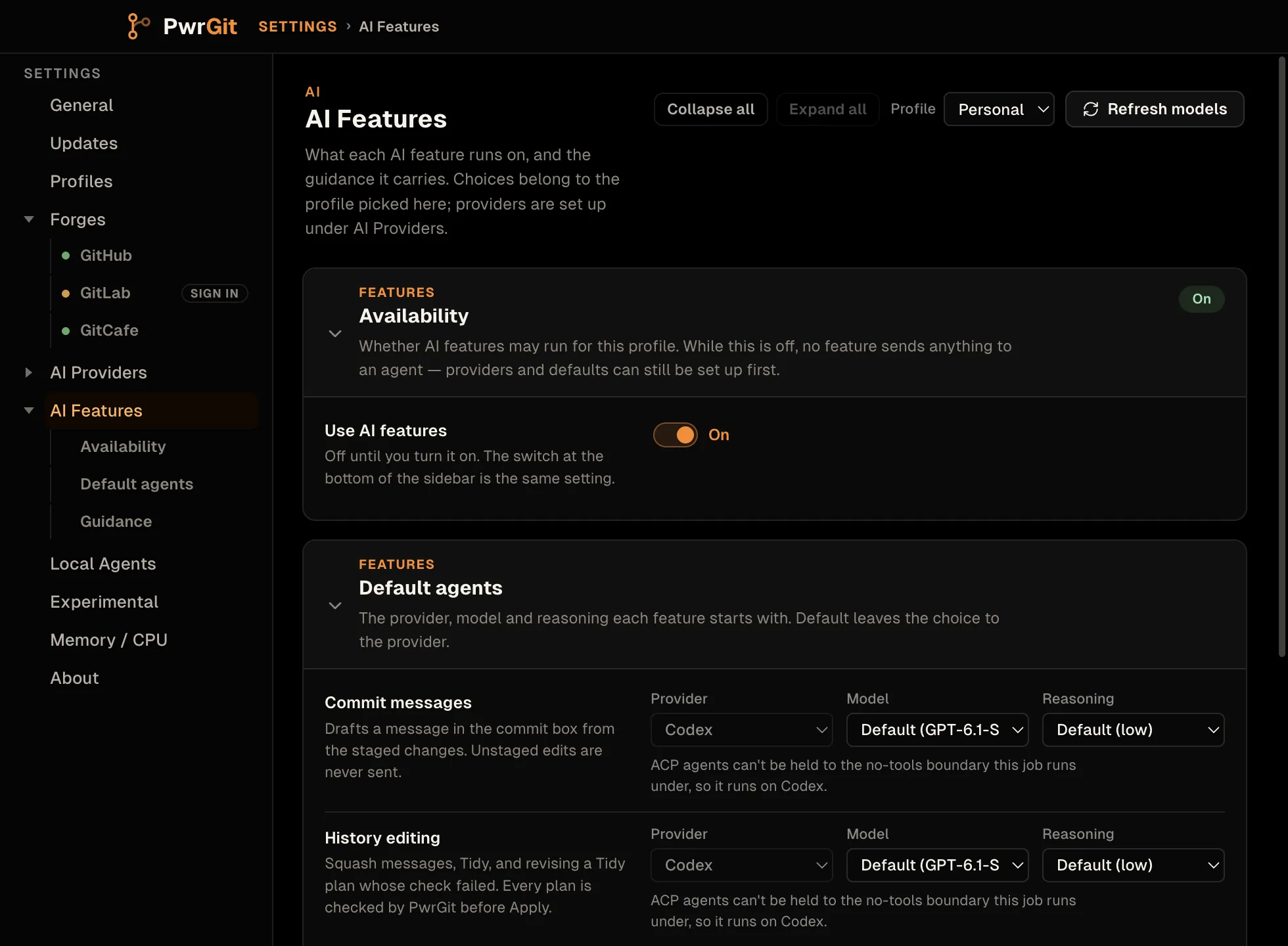 Settings on AI Features for the Personal profile, with Refresh models in the head. Availability reads On, with Use AI features switched on. Default agents lists Commit messages and History editing, each with Provider Codex, Model Default and Reasoning Default (low), and a note that ACP agents cannot be held to the no-tools boundary, so the job runs on Codex.