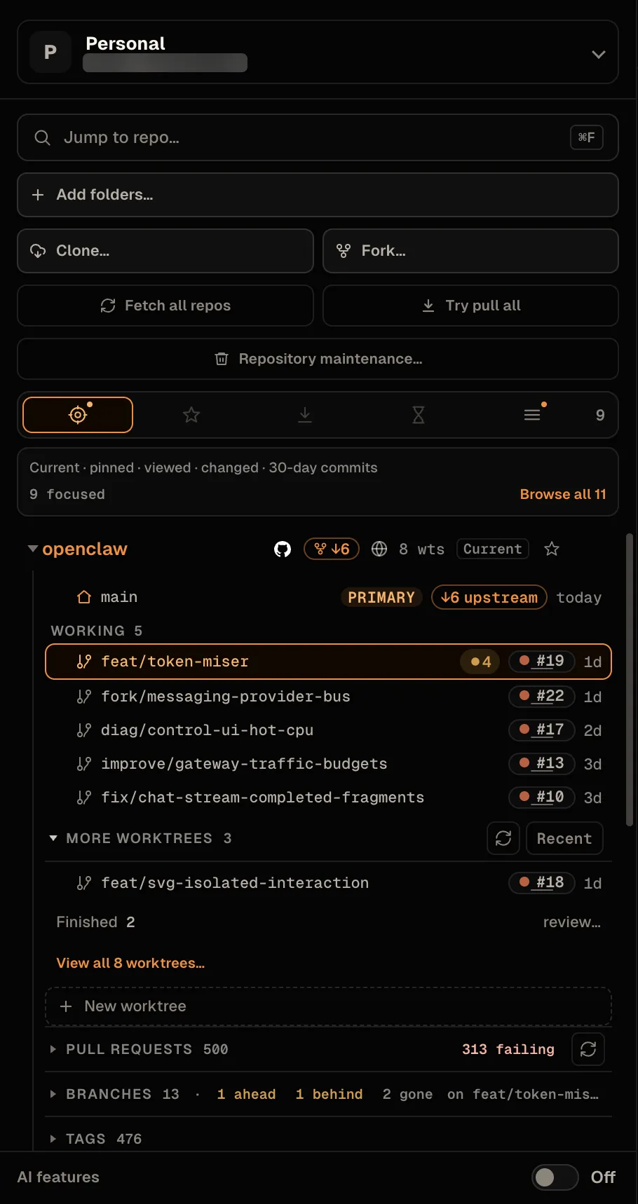 The sidebar in the Focused lens: 9 focused, with Browse all 11. openclaw is expanded with a Current pill, a fork badge 6 behind and 8 worktrees. main is primary and 6 behind upstream; five working worktrees follow, feat/token-miser selected with 4 changes and PR #19, then More worktrees, Finished 2, Pull requests 500 with 313 failing, and Branches 13. AI features is Off.
