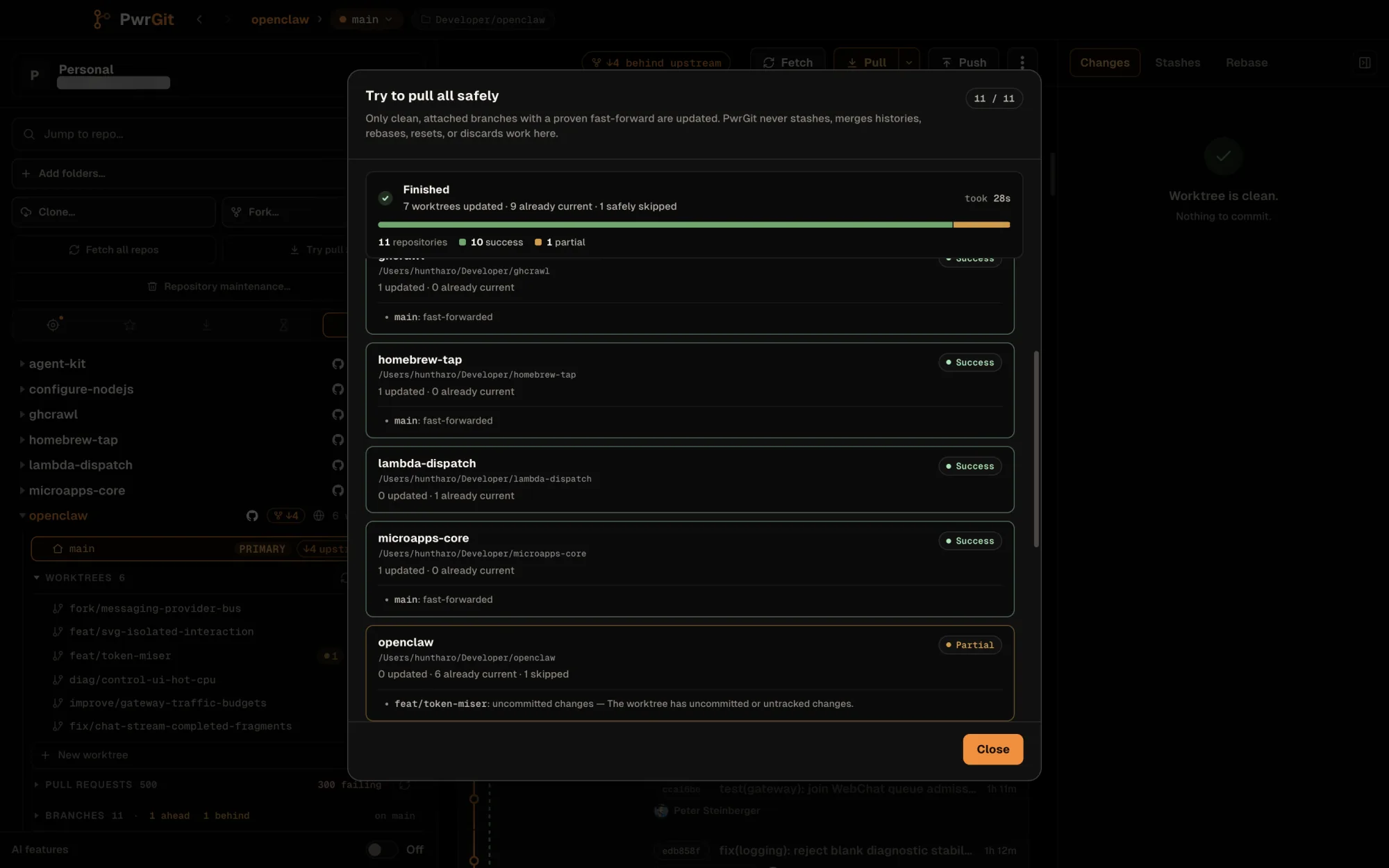 The Try to pull all safely dialog, finished: 11 of 11, took 28s. The bar shows 10 success and 1 partial; the summary reads 7 worktrees updated, 9 already current, 1 safely skipped. ghcrawl, homebrew-tap and microapps-core fast-forwarded main, lambda-dispatch was already current, and openclaw is partial: feat/token-miser skipped for uncommitted changes.