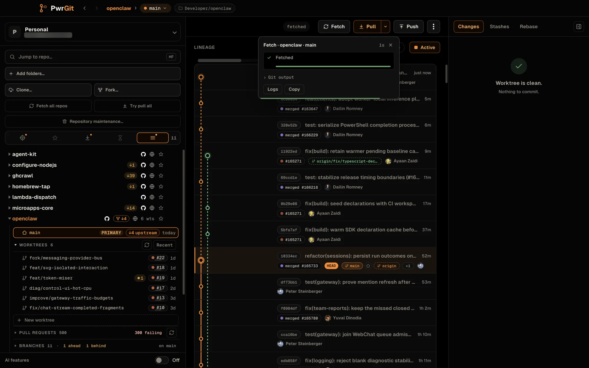 The openclaw main worktree just after Fetch. The status card under Fetch reads Fetch · openclaw · main, 1s, Fetched with a full transfer track, a collapsed Git output section, and Logs and Copy. The graph shows a newly fetched pull request branch lane and a dashed upstream trunk; the sidebar's fork badge reads 4 behind.