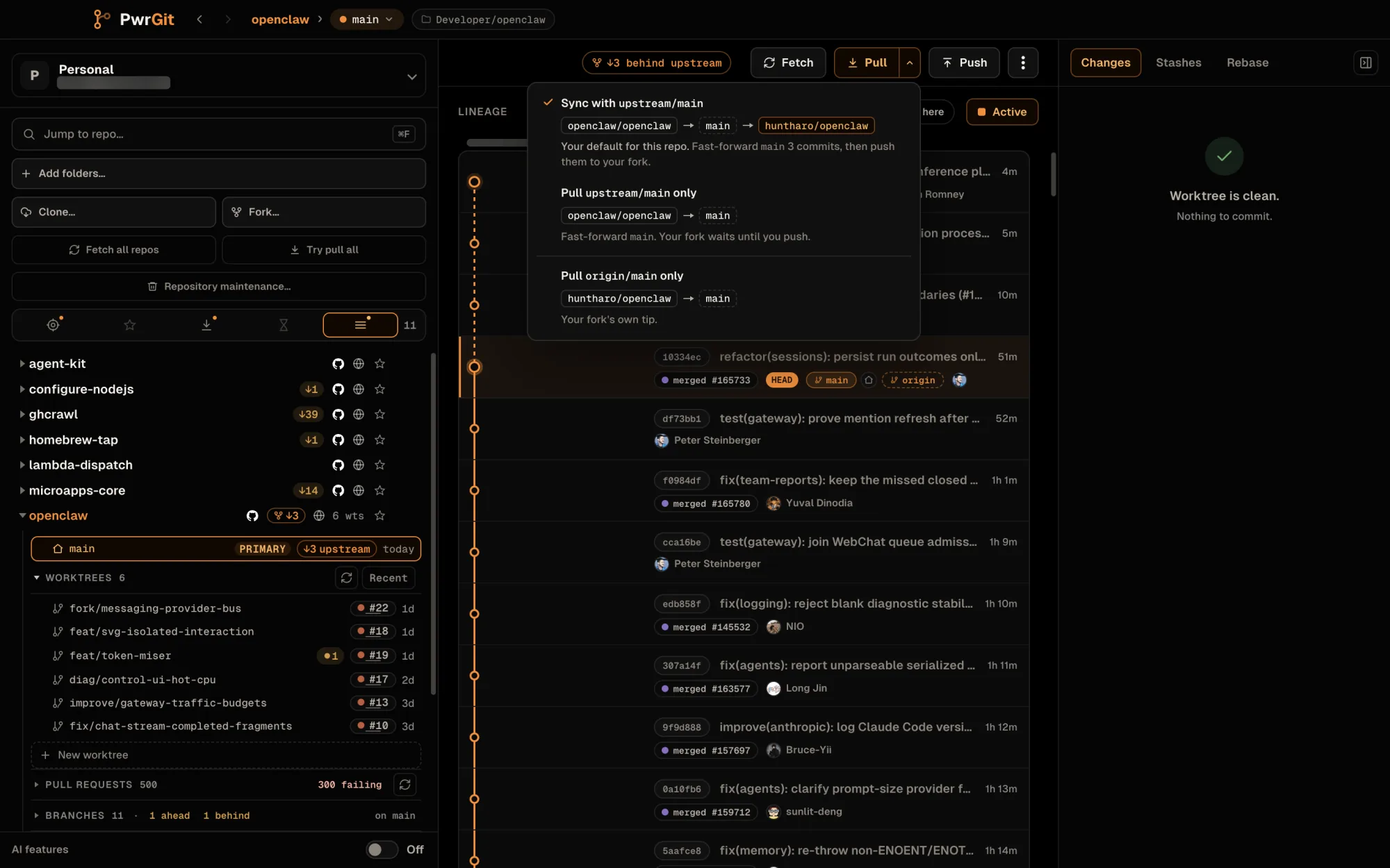 The Pull menu open on openclaw main. Sync with upstream/main is ticked, routed openclaw/openclaw to main to huntharo/openclaw: fast-forward main 3 commits, then push them to your fork. Pull upstream/main only notes your fork waits until you push; Pull origin/main only takes your fork's own tip.