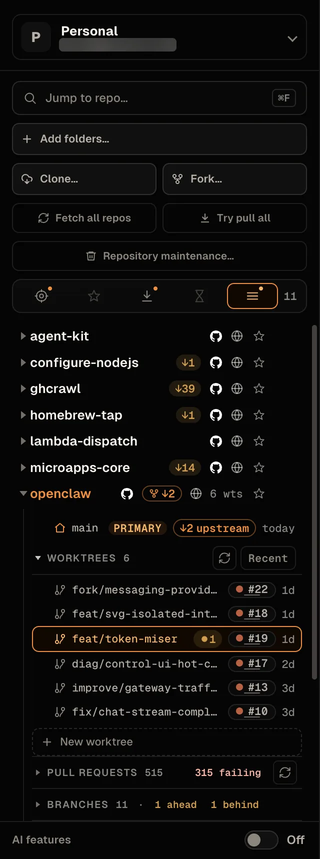 The sidebar in the All lens. Collapsed repositories carry behind badges — configure-nodejs 1, ghcrawl 39, homebrew-tap 1, microapps-core 14. openclaw is expanded with an outlined fork badge 2 behind, main 2 behind upstream, six worktrees with PR chips and feat/token-miser at 1 change, and Branches 11 with 1 ahead and 1 behind.