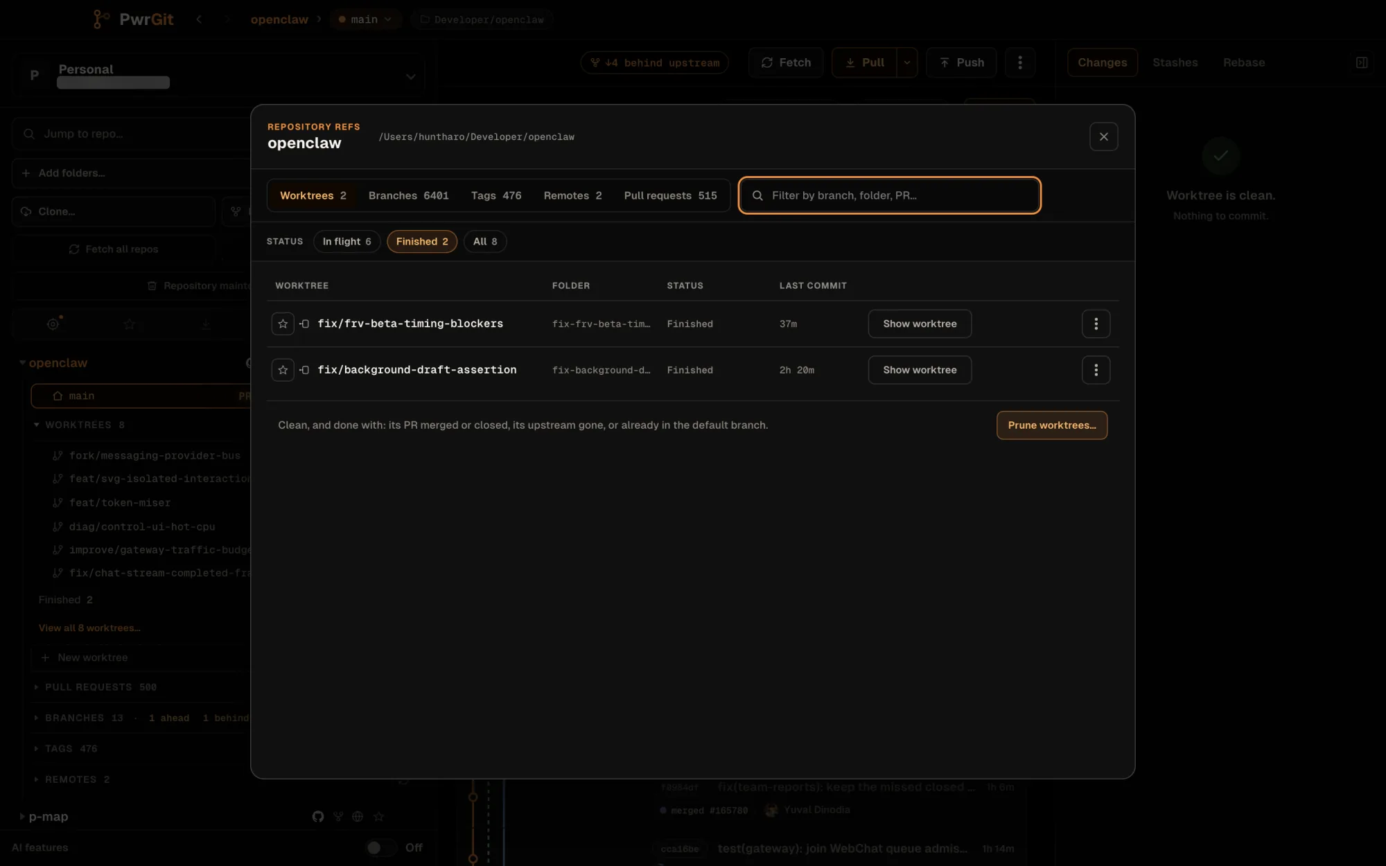 The Repository refs window for openclaw on its Worktrees tab, filter Finished 2 selected (In flight 6, All 8). Two rows, fix/frv-beta-timing-blockers and fix/background-draft-assertion, show their folder, status Finished, last commit 37m and 2h 20m, and Show worktree. The footer defines finished and offers Prune worktrees….
