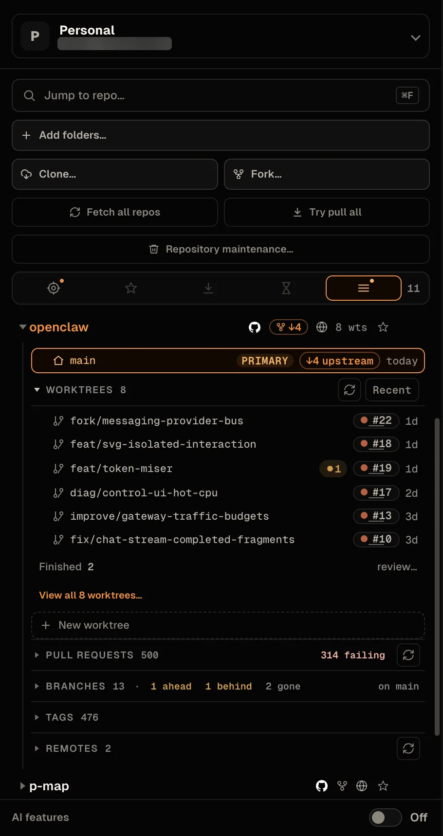 The sidebar with openclaw expanded and main selected, 4 behind upstream. Worktrees 8, sorted Recent, lists six in-flight rows with PR chips and ages — fork/messaging-provider-bus, feat/svg-isolated-interaction, feat/token-miser with 1 change, diag/control-ui-hot-cpu, improve/gateway-traffic-budgets, fix/chat-stream-completed-fragments — then Finished 2 review…, View all 8 worktrees… and New worktree.