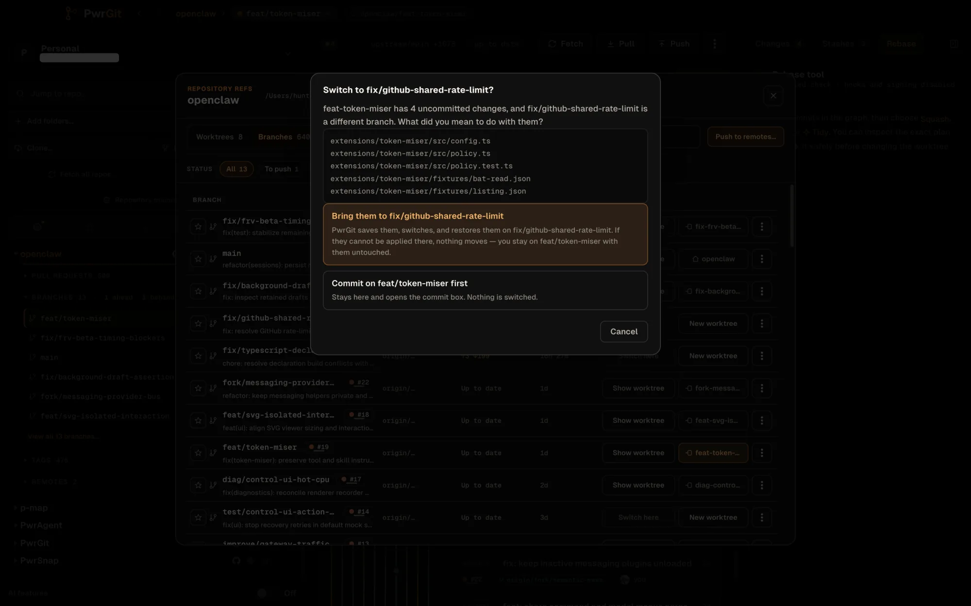 The Switch to fix/github-shared-rate-limit? dialog over the Repository refs window. It says feat-token-miser has 4 uncommitted changes and lists five paths under extensions/token-miser. Choices: Bring them to fix/github-shared-rate-limit, which moves nothing if they cannot be applied there, and Commit on feat/token-miser first. Then Cancel.